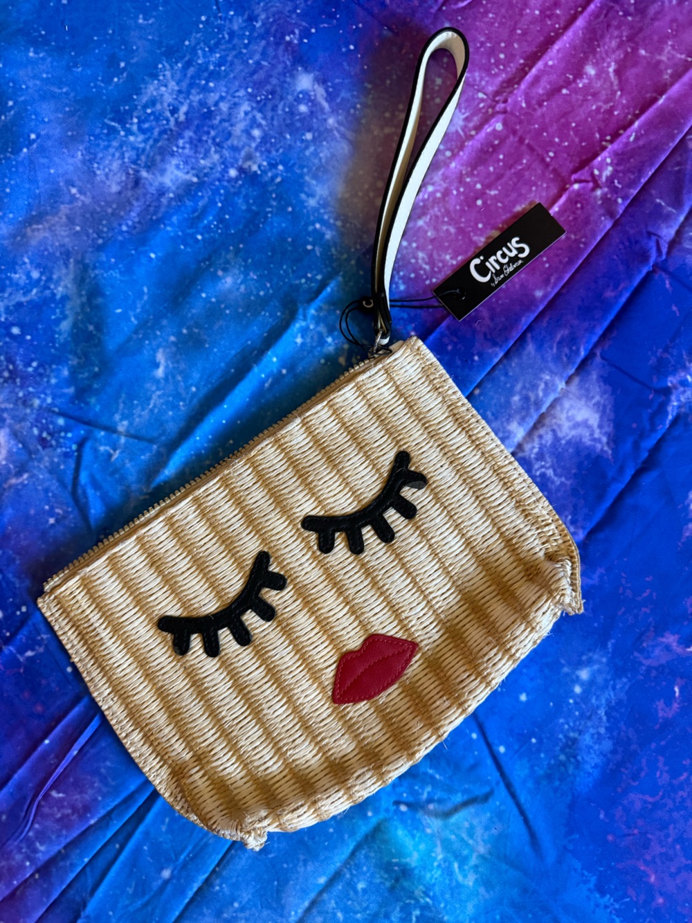 Circus by Sam Edelman Natural Straw Wristlet with Black Eyelash and Red Lip
